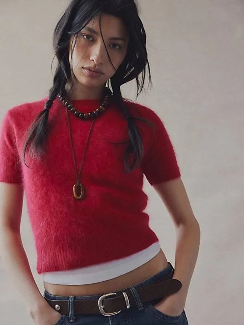 NWT FREE PEOPLE Belle Brushed Cashmere Tee | Rouge/Red MSRP $198 Size S
